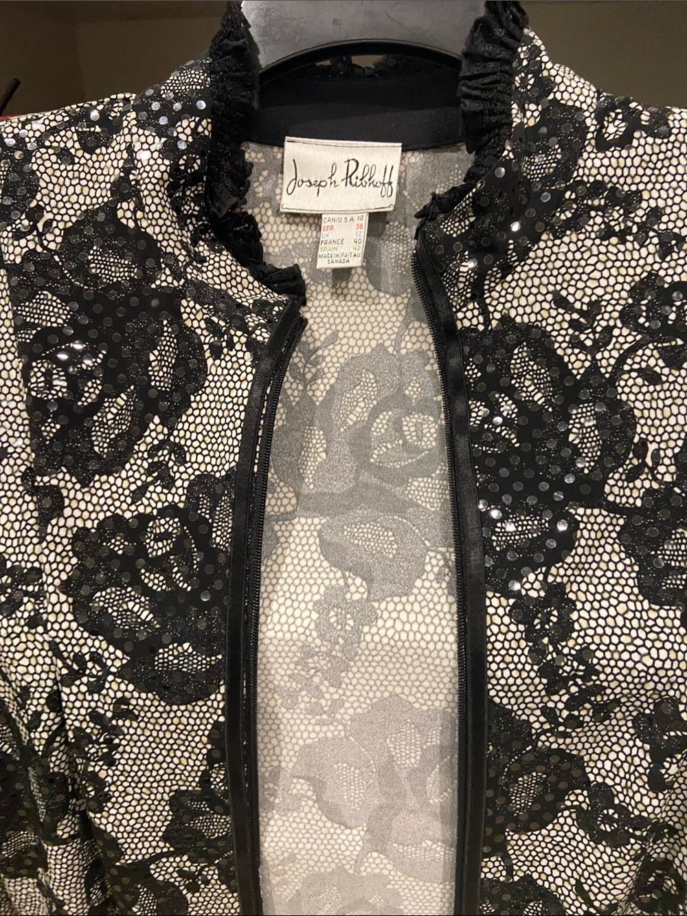 Joseph Ribkoff Black and White Lace-Effect Zip Blazer